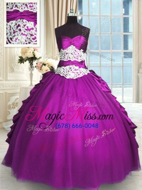 New Style Eggplant Purple Sweetheart Neckline Beading and Lace and Ruching and Pick Ups 15 Quinceanera Dress Sleeveless Lace Up