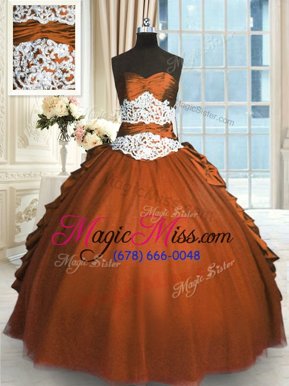 Customized Rust Red Ball Gowns Beading and Lace and Ruching and Pick Ups Vestidos de Quinceanera Lace Up Taffeta and Tulle Sleeveless Floor Length