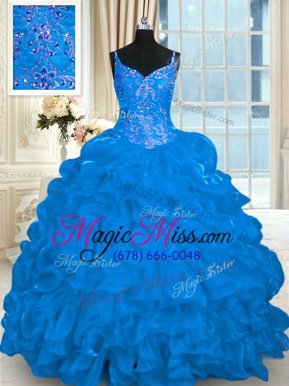 Stylish Blue Ball Gowns Spaghetti Straps Sleeveless Organza Brush Train Lace Up Beading and Embroidery and Ruffles and Pick Ups Quinceanera Dress