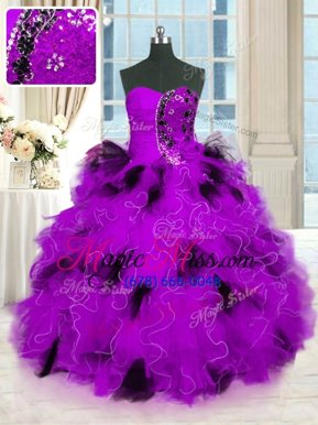 Trendy Purple Ball Gowns Tulle Strapless Sleeveless Beading and Ruffles Floor Length Lace Up Sweet 16 Dress