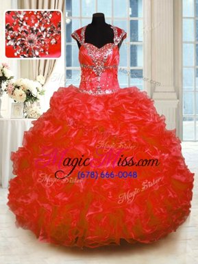Fabulous Red Organza Lace Up Straps Cap Sleeves Floor Length 15 Quinceanera Dress Beading and Ruffles