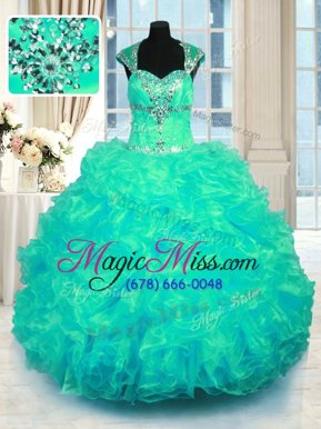 High Class Cap Sleeves Organza Floor Length Lace Up Sweet 16 Dresses in Turquoise for with Beading and Ruffles