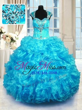 Inexpensive Organza Straps Cap Sleeves Lace Up Beading and Ruffles Quinceanera Gowns in Aqua Blue