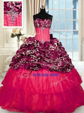 Beautiful Printed Ruffled Ball Gowns Sleeveless Red Quinceanera Gown Sweep Train Lace Up