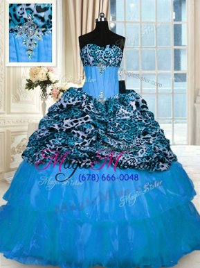 Printed Baby Blue Sleeveless Beading and Ruffled Layers Lace Up Quince Ball Gowns