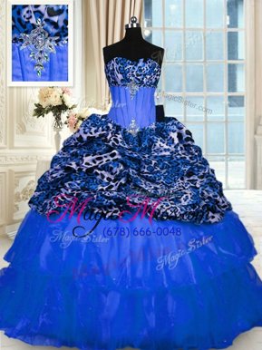 Printed Blue Lace Up Quinceanera Gowns Beading and Sequins Sleeveless Floor Length