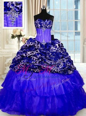 Fantastic Royal Blue Ball Gowns Organza and Printed Sweetheart Sleeveless Beading and Ruffled Layers and Sequins Lace Up Sweet 16 Quinceanera Dress Sweep Train