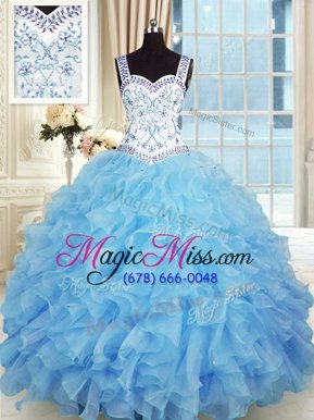 Customized Floor Length Lace Up Vestidos de Quinceanera Baby Blue and In for Military Ball and Sweet 16 and Quinceanera with Beading and Appliques and Ruffles