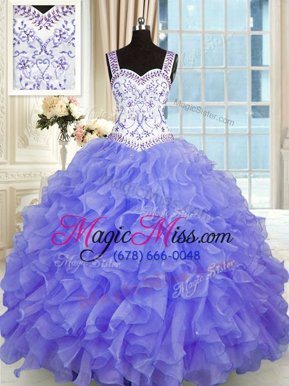 New Arrival Purple Ball Gowns Sweetheart Sleeveless Organza Floor Length Lace Up Beading and Appliques and Ruffles Ball Gown Prom Dress