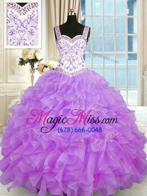 Graceful Floor Length Lace Up Quince Ball Gowns Lilac and In for Military Ball and Sweet 16 and Quinceanera with Beading and Appliques and Ruffles