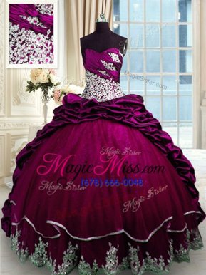 Elegant Fuchsia Sweetheart Neckline Beading and Appliques and Pick Ups Quinceanera Gown Sleeveless Lace Up