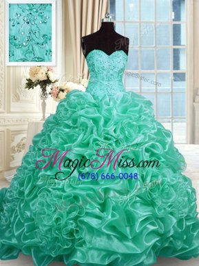 Adorable Turquoise Organza Lace Up Quince Ball Gowns Sleeveless With Train Beading and Pick Ups