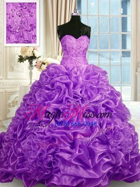 Decent Organza Sweetheart Sleeveless Sweep Train Lace Up Beading and Pick Ups Sweet 16 Dress in Lavender