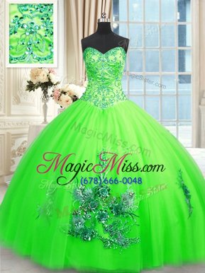 Fashionable Ball Gowns Tulle Sweetheart Sleeveless Appliques Floor Length Lace Up Quinceanera Dresses