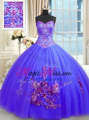 Adorable Blue Lace Up Sweetheart Embroidery Quinceanera Dresses Tulle Sleeveless