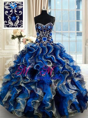 Vintage Beading and Ruffles Sweet 16 Dress Multi-color Lace Up Sleeveless Floor Length