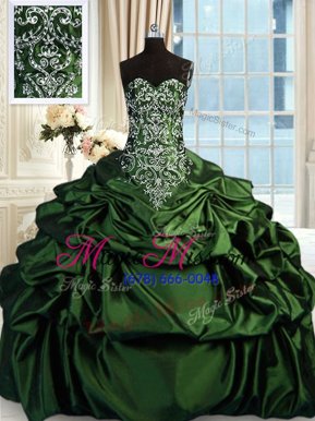 Sumptuous Olive Green Taffeta Zipper Sweetheart Sleeveless Floor Length Vestidos de Quinceanera Beading and Embroidery and Pick Ups