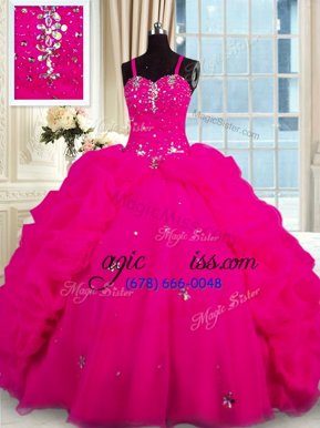 Noble Spaghetti Straps Sleeveless Organza Quinceanera Dresses Beading Brush Train Lace Up