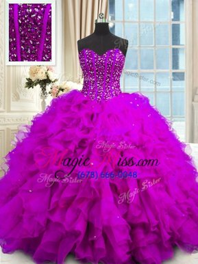 Traditional Sequins Sweetheart Sleeveless Lace Up Quinceanera Dress Purple Organza