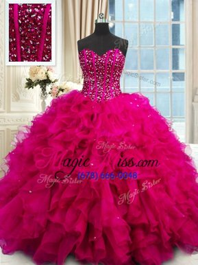 Fuchsia Lace Up Sweetheart Beading and Ruffles and Sequins Quinceanera Dresses Organza Sleeveless