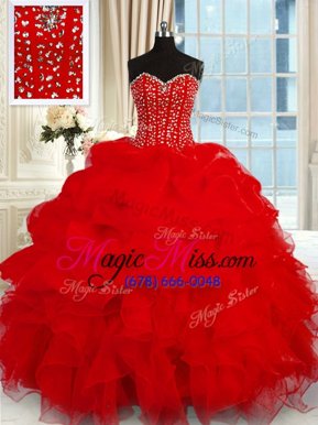 Discount Sweetheart Sleeveless Quinceanera Gown Floor Length Beading and Ruffles Wine Red Organza