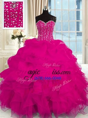 Pretty Sweetheart Sleeveless Sweet 16 Dress Floor Length Beading and Ruffles Fuchsia Organza