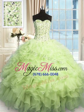 Romantic Yellow Green Quinceanera Dress Military Ball and Sweet 16 and Quinceanera and For with Beading and Ruffles and Sequins Sweetheart Sleeveless Lace Up