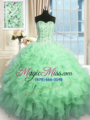 Fancy Apple Green Organza Lace Up Sweet 16 Quinceanera Dress Sleeveless Floor Length Beading and Ruffles and Sequins