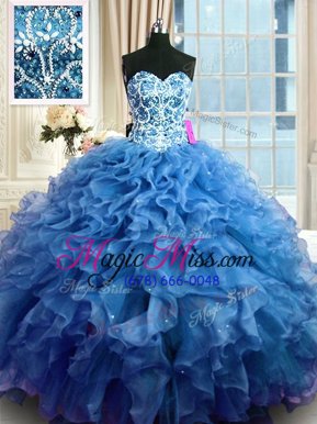 Sleeveless Floor Length Beading and Ruffles Lace Up Quinceanera Dress with Blue