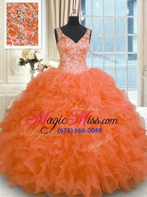 Great Orange Zipper Quinceanera Gowns Beading and Ruffles Sleeveless Floor Length