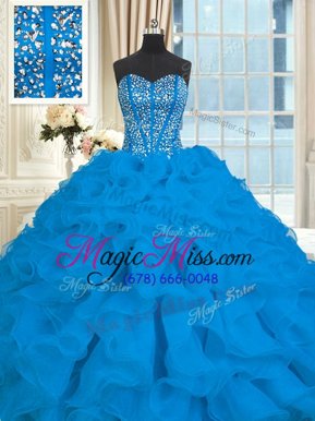 Lovely Sweetheart Sleeveless Brush Train Lace Up Vestidos de Quinceanera Blue Organza