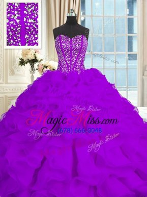 Exceptional Eggplant Purple Sweetheart Lace Up Beading and Ruffles Quinceanera Dresses Brush Train Sleeveless