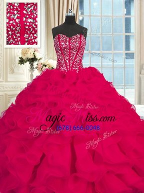 Fancy Fuchsia Ball Gowns Sweetheart Sleeveless Organza Brush Train Lace Up Beading and Ruffles Quinceanera Dresses