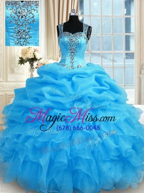 Super Baby Blue Ball Gowns Straps Sleeveless Organza Floor Length Zipper Beading Quinceanera Dress