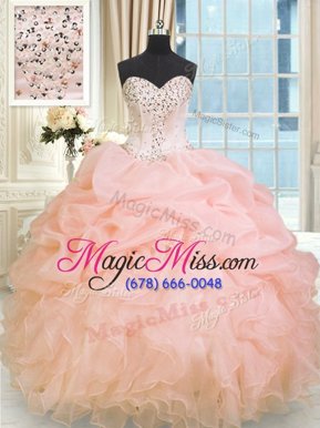 Lovely Peach Sleeveless Floor Length Beading and Ruffles Lace Up Sweet 16 Quinceanera Dress