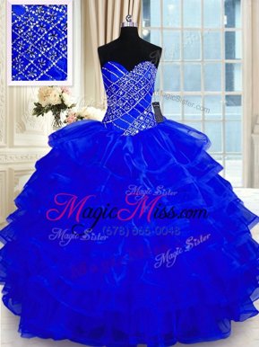 Romantic Sweetheart Sleeveless Quince Ball Gowns Floor Length Beading and Ruffled Layers Royal Blue Organza