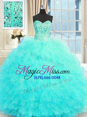 Glamorous Floor Length Aqua Blue Sweet 16 Quinceanera Dress Tulle Sleeveless Beading and Ruffles