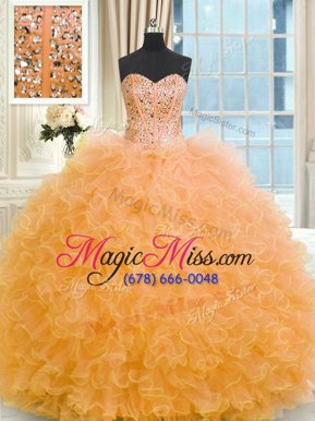 Excellent Sleeveless Floor Length Beading and Ruffles Lace Up Sweet 16 Dress with Orange