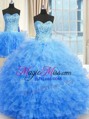 New Style Three Piece Floor Length Ball Gowns Sleeveless Baby Blue Sweet 16 Dresses Lace Up