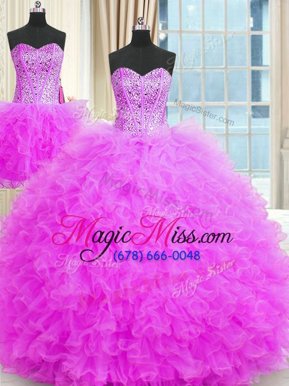 On Sale Three Piece Lilac Ball Gowns Tulle Strapless Sleeveless Beading and Ruffles Floor Length Lace Up Vestidos de Quinceanera