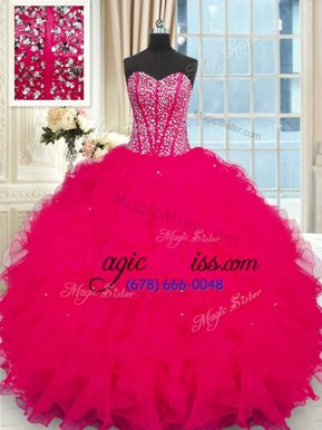 Spectacular Coral Red Strapless Lace Up Beading and Ruffles Quinceanera Gown Sleeveless