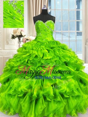 Custom Design Sleeveless Lace Up Floor Length Beading and Ruffles and Ruching Quinceanera Gown