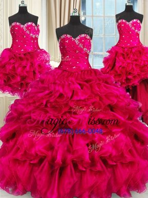 Latest Four Piece Sweetheart Sleeveless Vestidos de Quinceanera Floor Length Beading and Ruffles and Ruching Hot Pink Organza