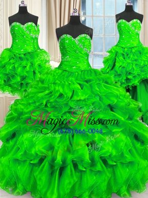 Beauteous Four Piece Sweetheart Sleeveless Quinceanera Gown Floor Length Beading and Ruffles and Ruching Organza
