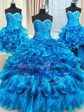 Luxury Four Piece Beading and Ruffles and Ruching Ball Gown Prom Dress Blue Lace Up Sleeveless Floor Length