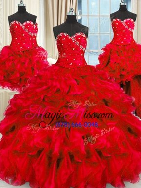 Four Piece Beading and Ruffles and Ruching Quinceanera Dress Red Lace Up Sleeveless Floor Length
