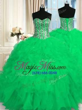 Discount Turquoise Ball Gowns Beading and Ruffles Quince Ball Gowns Lace Up Organza Sleeveless Floor Length