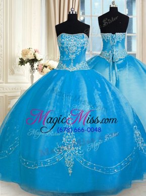 Affordable Baby Blue Ball Gowns Tulle Strapless Sleeveless Embroidery Floor Length Lace Up Quinceanera Gowns