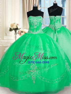 Dramatic Apple Green Tulle Lace Up Sweet 16 Dress Sleeveless Floor Length Beading and Embroidery