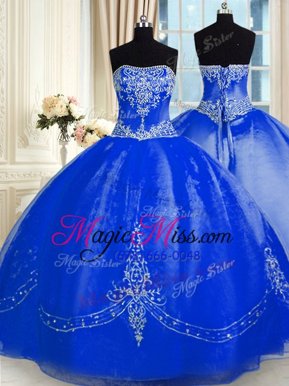 Custom Design Organza Strapless Sleeveless Lace Up Beading and Embroidery Quinceanera Gowns in Royal Blue